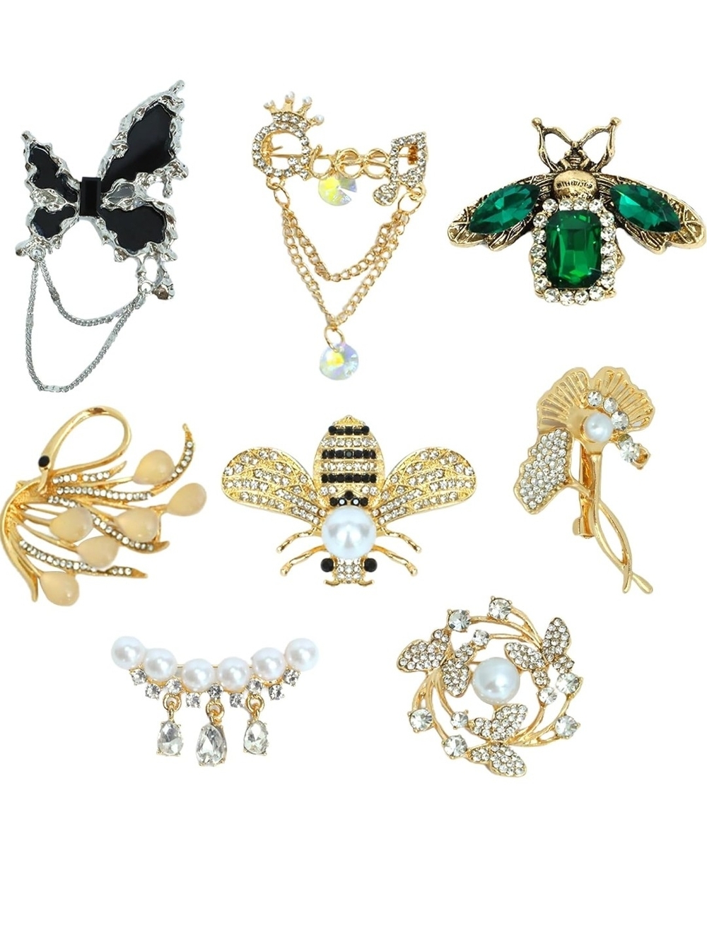 Brooches, Gold Bee and Floral Brooch Set with Green, Black and Pearl Accents